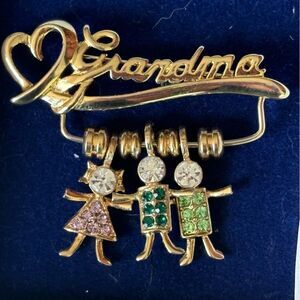 Vintage Birthstone Brats 3 Children Charm Gold Tone Grandma’s Brooch